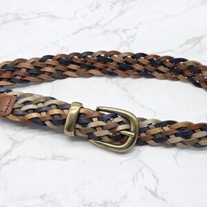 Braided Leather Belt Womens Medium Large Brown Tan Navy Woven Brass Buckle